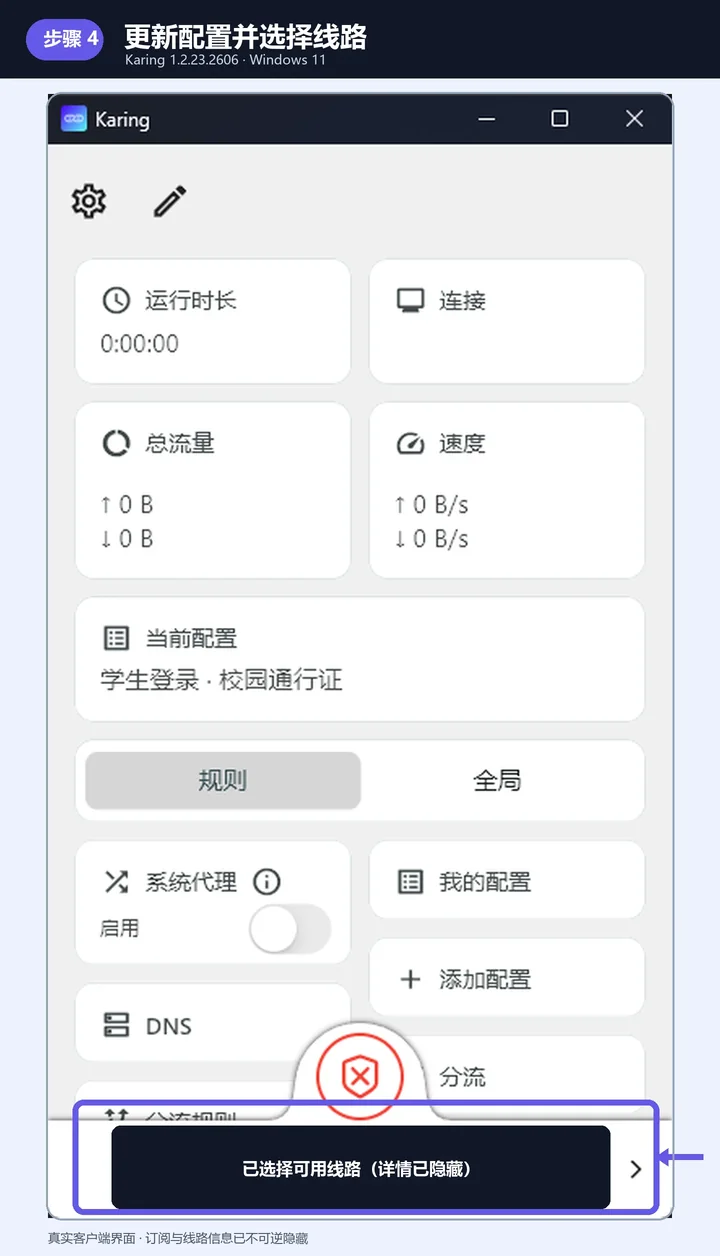 Karing 首页显示已导入配置，底部已选择线路区域被紫色边框标出，线路详情已隐藏。